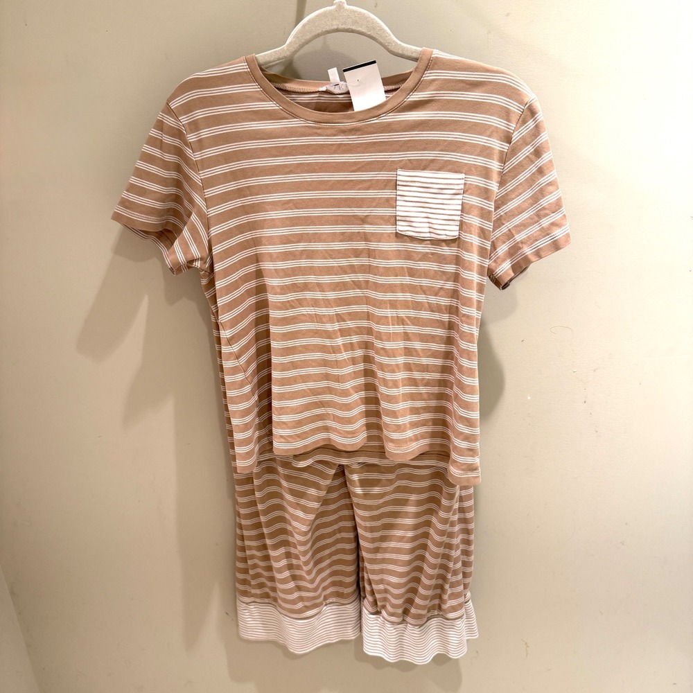 LAKE Pajamas Womens Medium Tan White Striped Pima Cotton Short Sleeve Crop Set